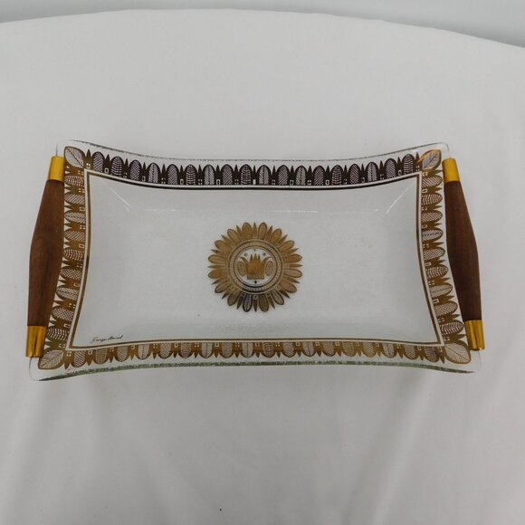 Georges Briard Signed Regalia Clear Pebbled Glass 12" Serving Tray Teak Handles - Picture 1 of 10
